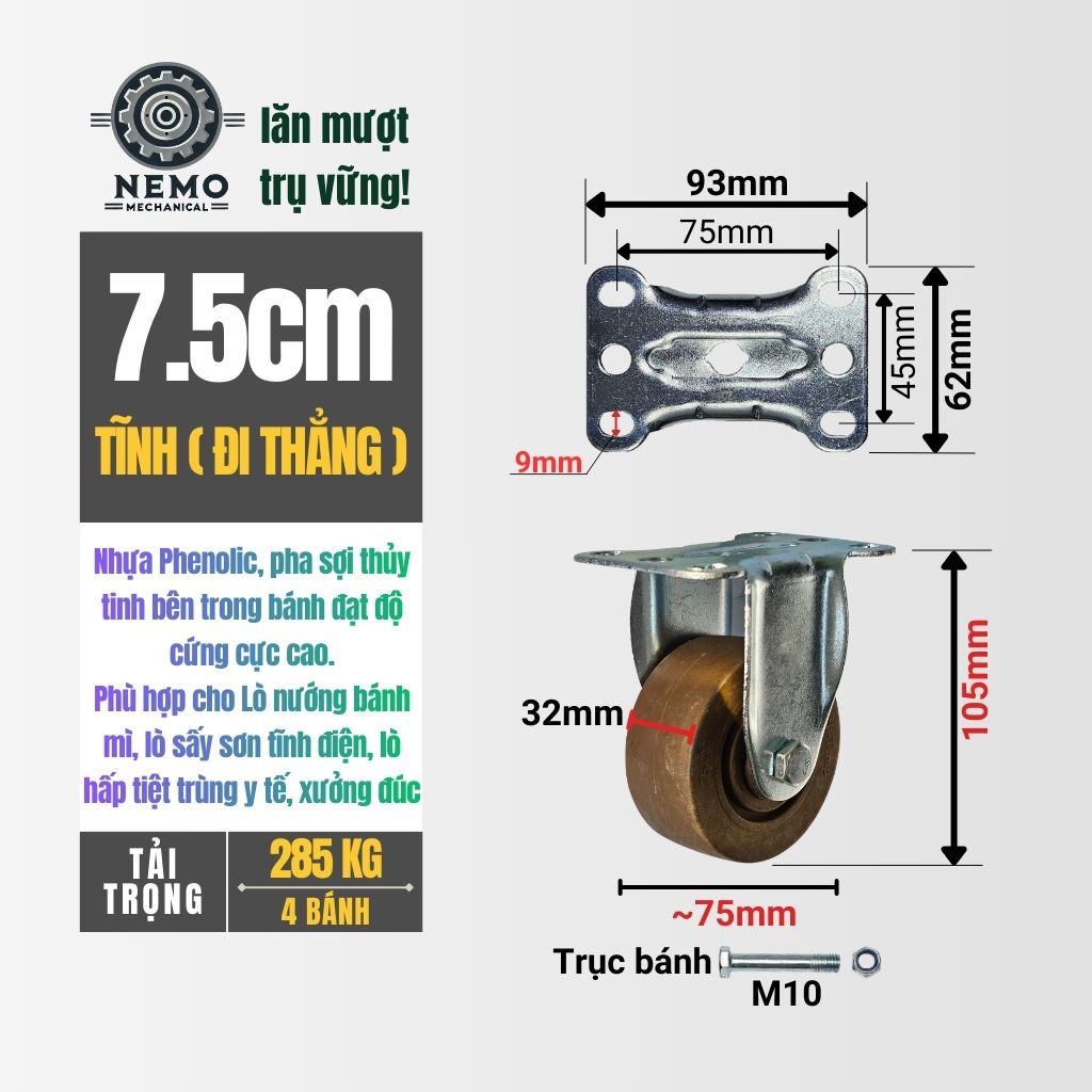 Bánh Xe Phenolic Chịu Nhiệt 280°C – Chuyên Dụng Lò Nướng, Lò Sấy (D75, D100, D125)